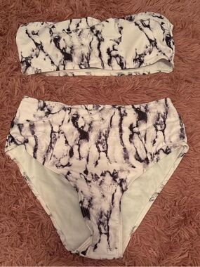 SHEIN White and Black Marble Bandeau High-Waist Bikini